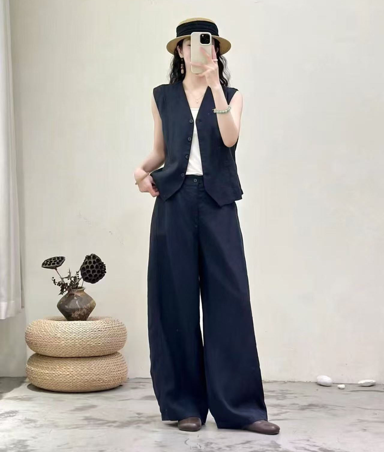 Linen Vest & Wide-Leg Trousers Set