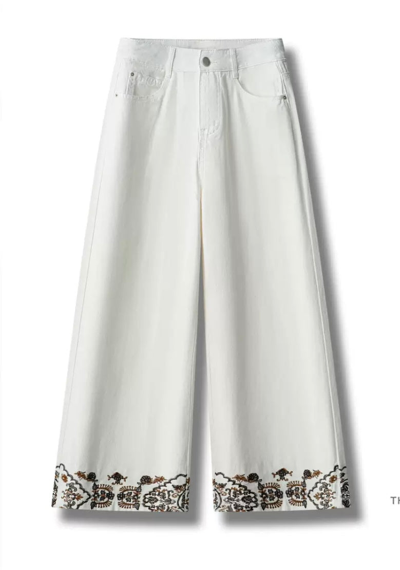 Embroidered Hem Wide Leg Jeans