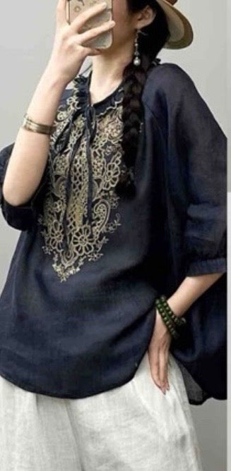 Embroidered Linen-Blend Boho Blouse