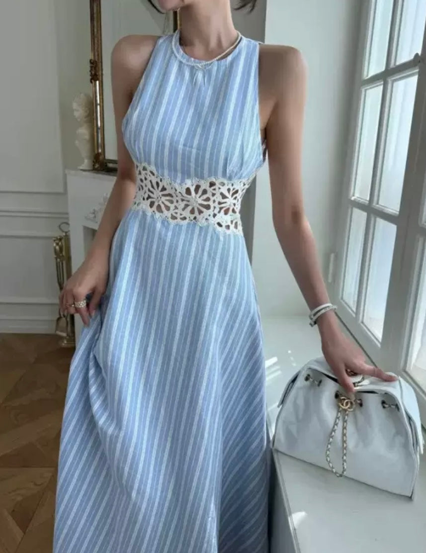 Blue Striped Lace Waist Dress
