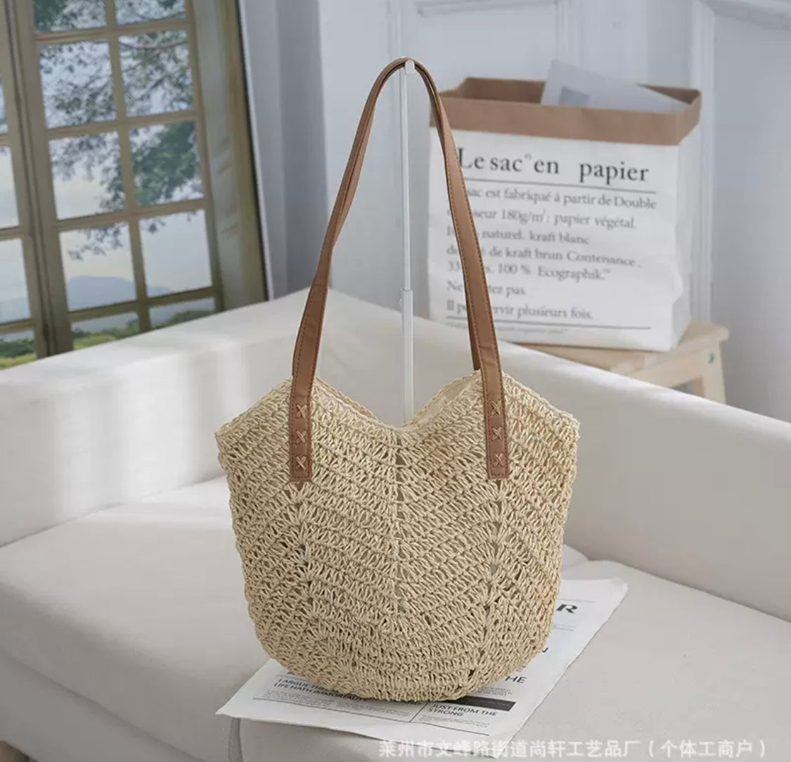 Straw Tote Bag with Leather Handles