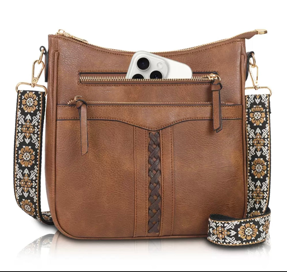 Crossbody Bag with Pattern Strap – Brown