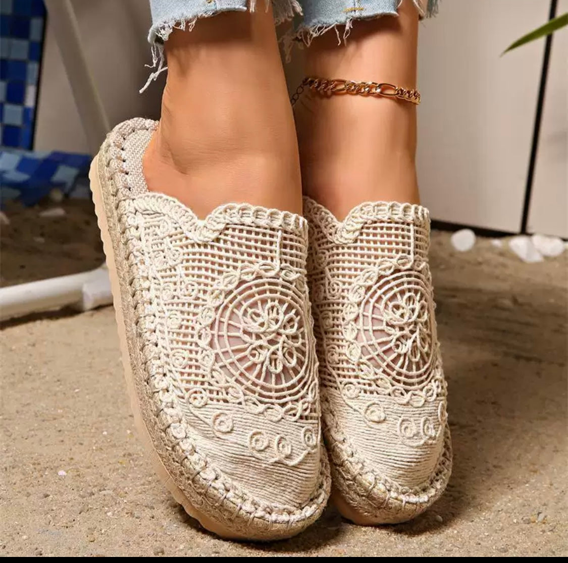Crochet Espadrille Flats – Beige