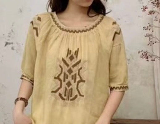 Boho Embroidered Linen Blend Blouse