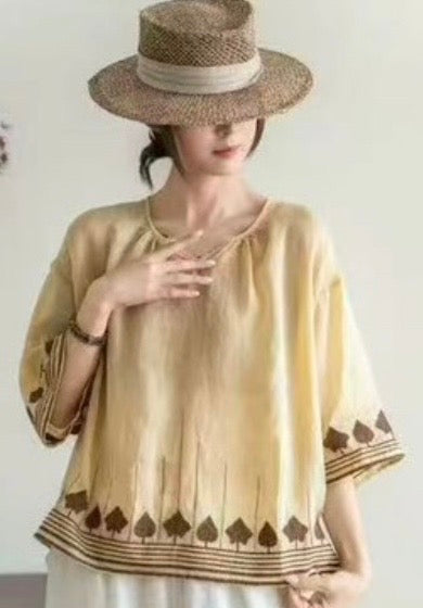 Linen Blend Boho Blouse with Embroidery