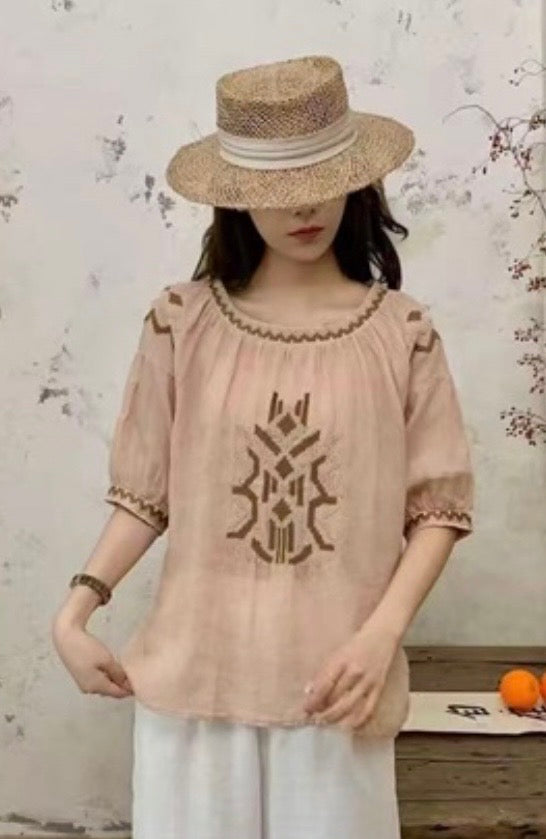 Boho Embroidered Linen Blend Blouse