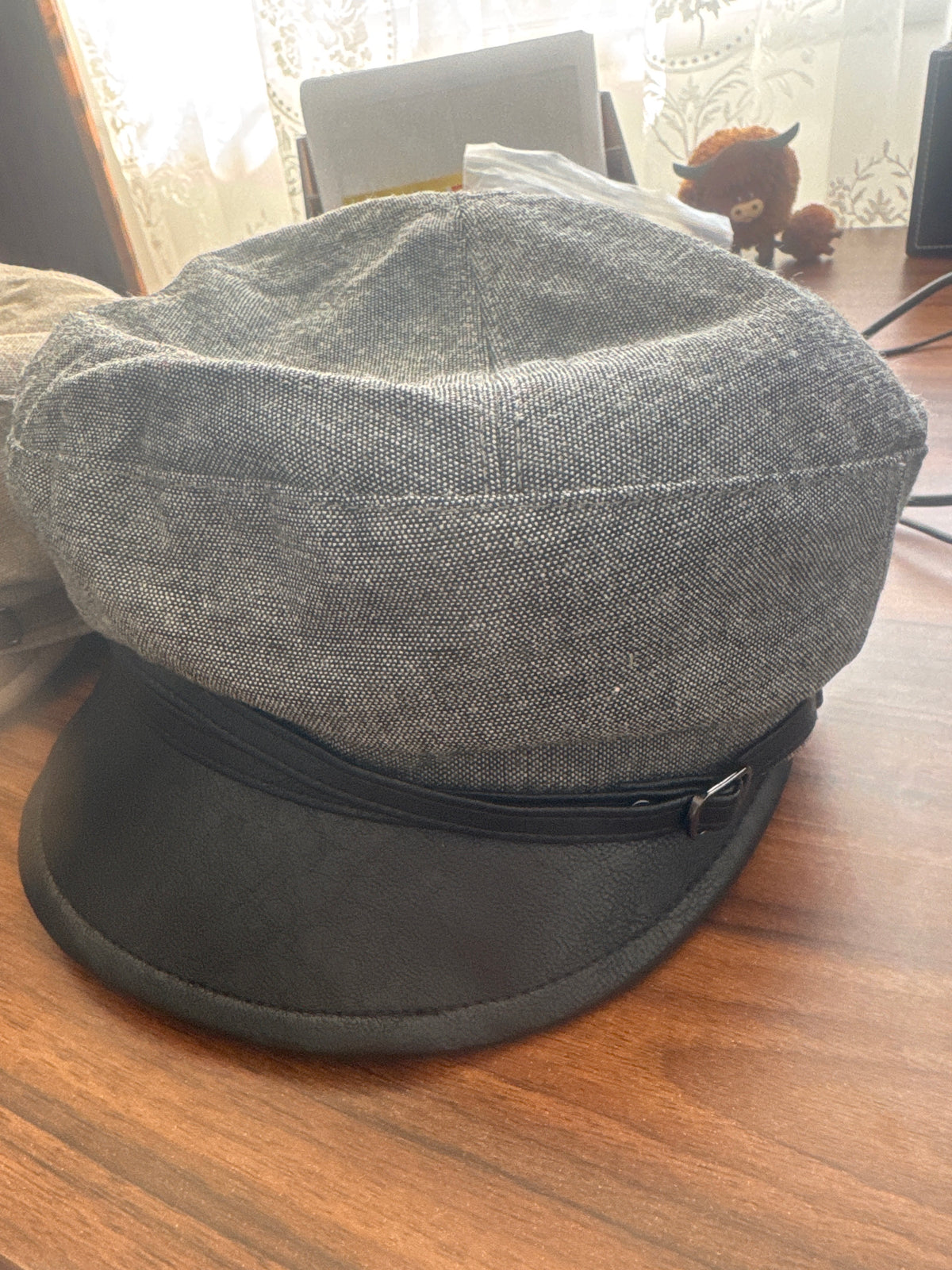 Classic Baker Boy Cap with Faux Leather Peak