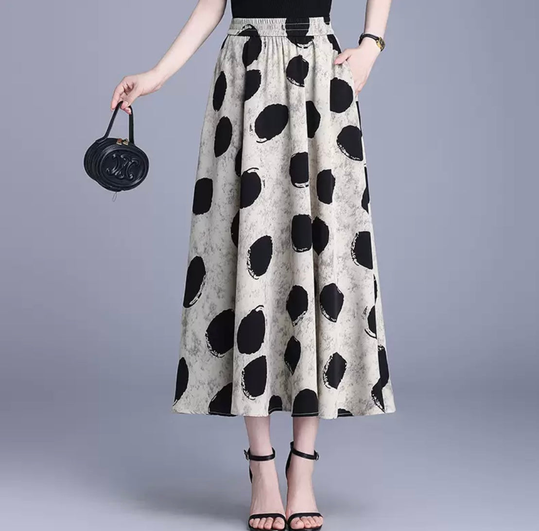 Polka Dot Midi Skirt – Beige & Black