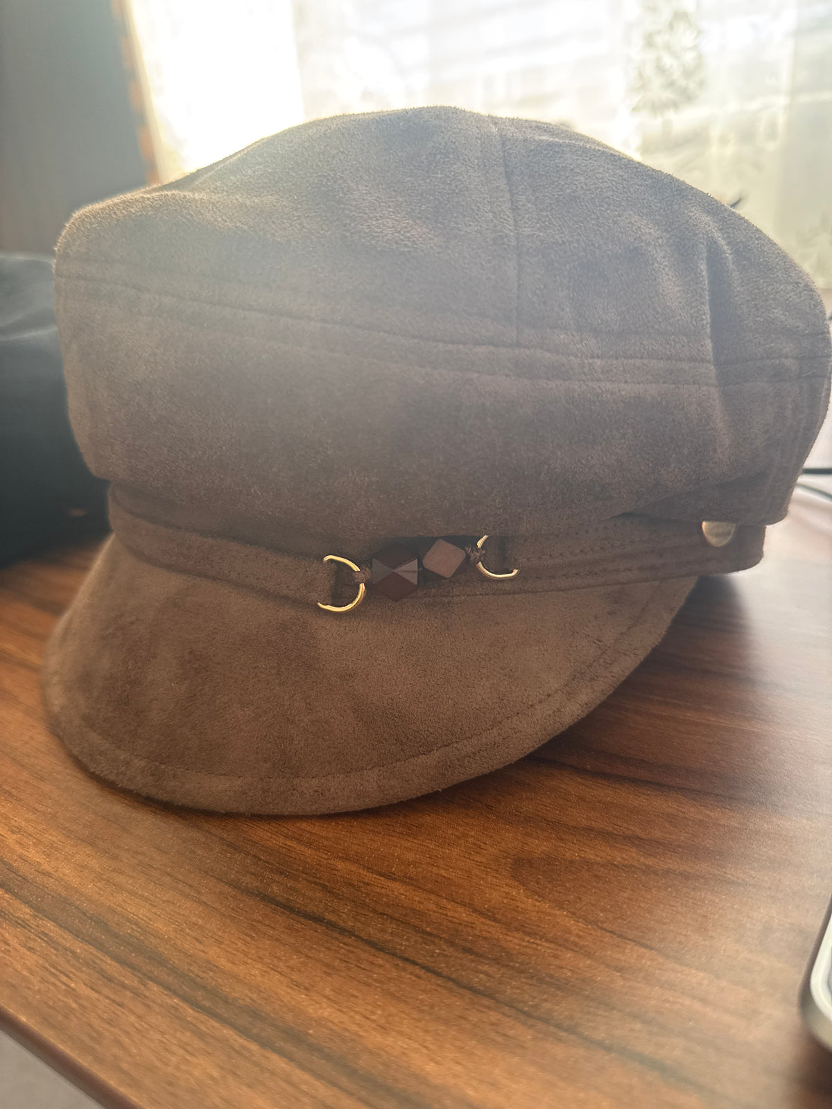 Elegant Suede-Effect Cap with Decorative Detail