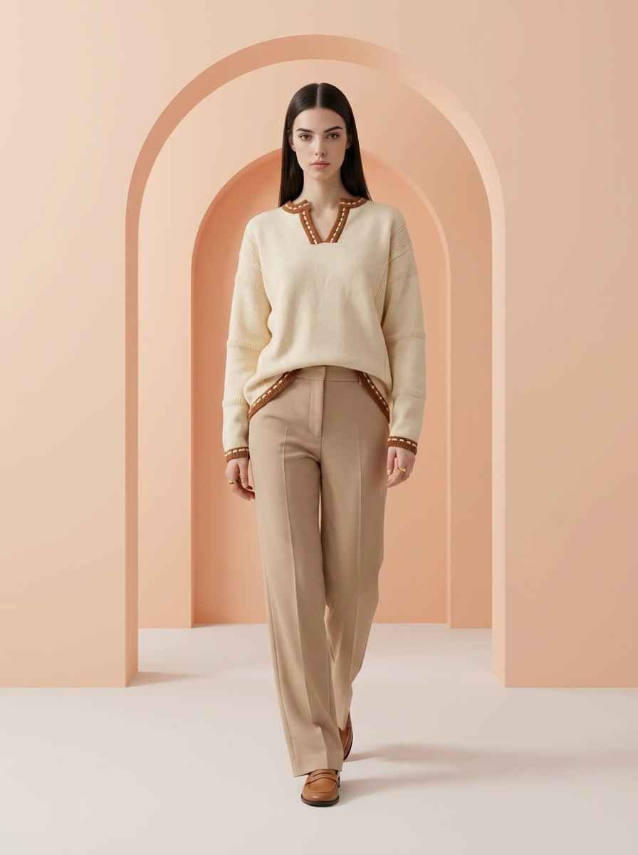 Beige V-Neck Sweater with Trim