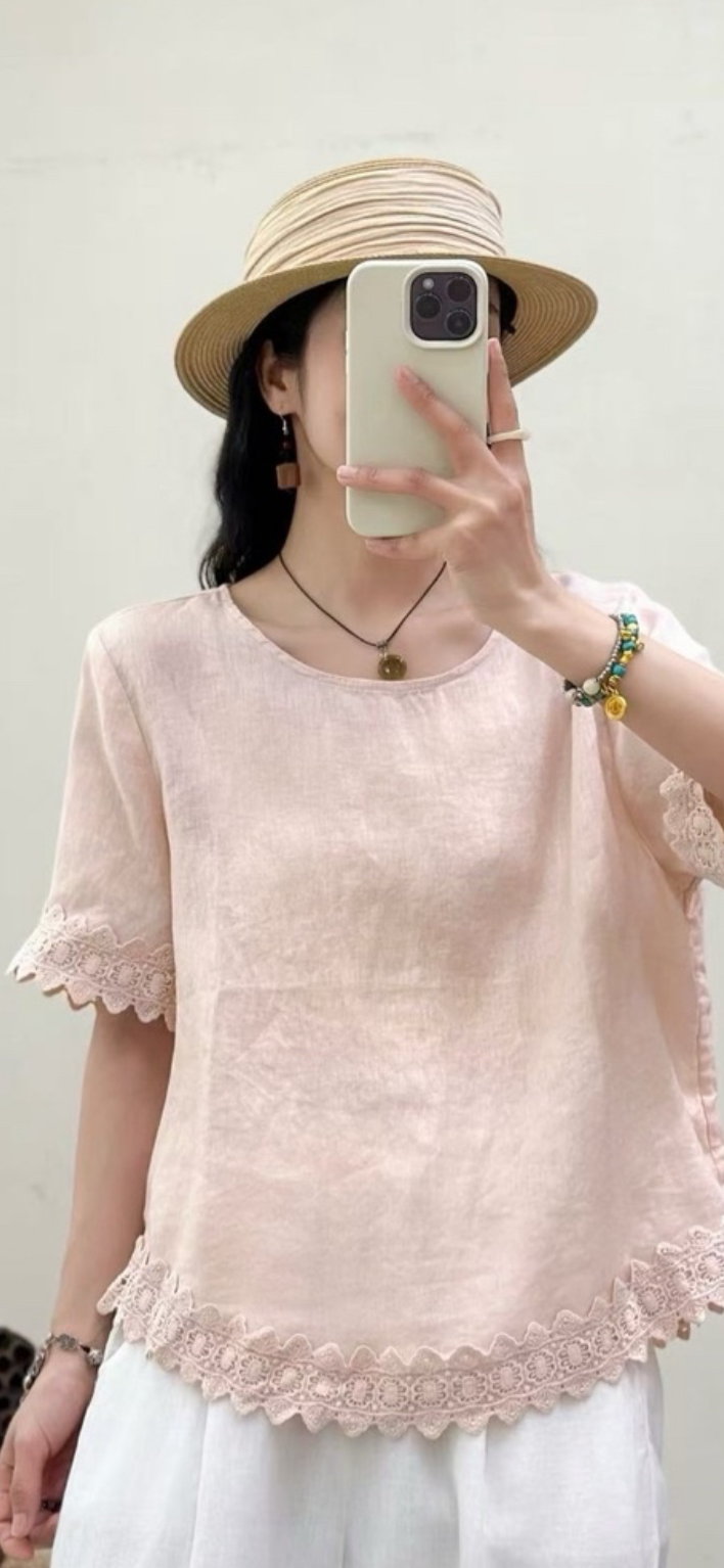 100% Linen Top with Lace Detail