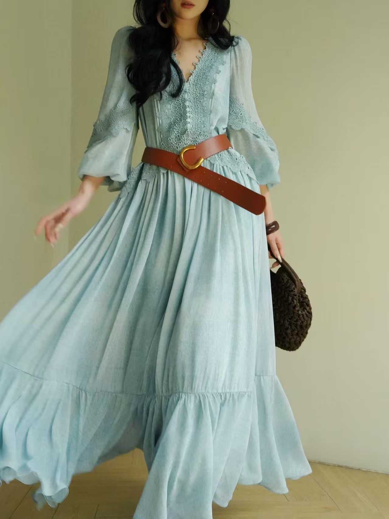 Blue Lace Detail Maxi Dress