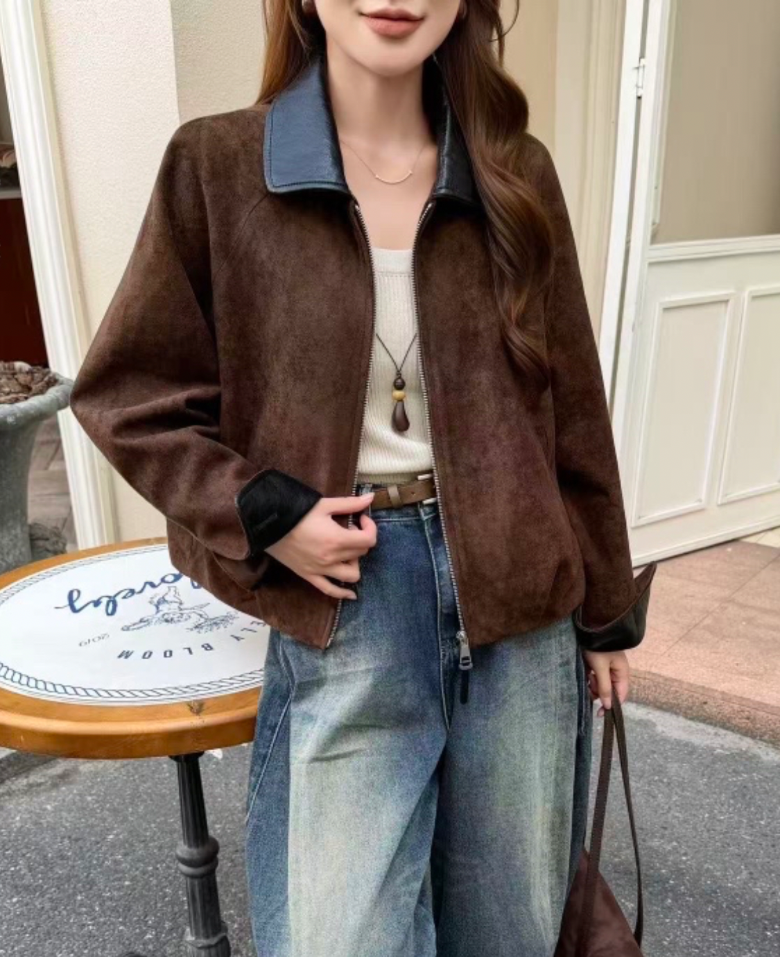 Suede-Look Zip-Up Jacket with Contrast Collar