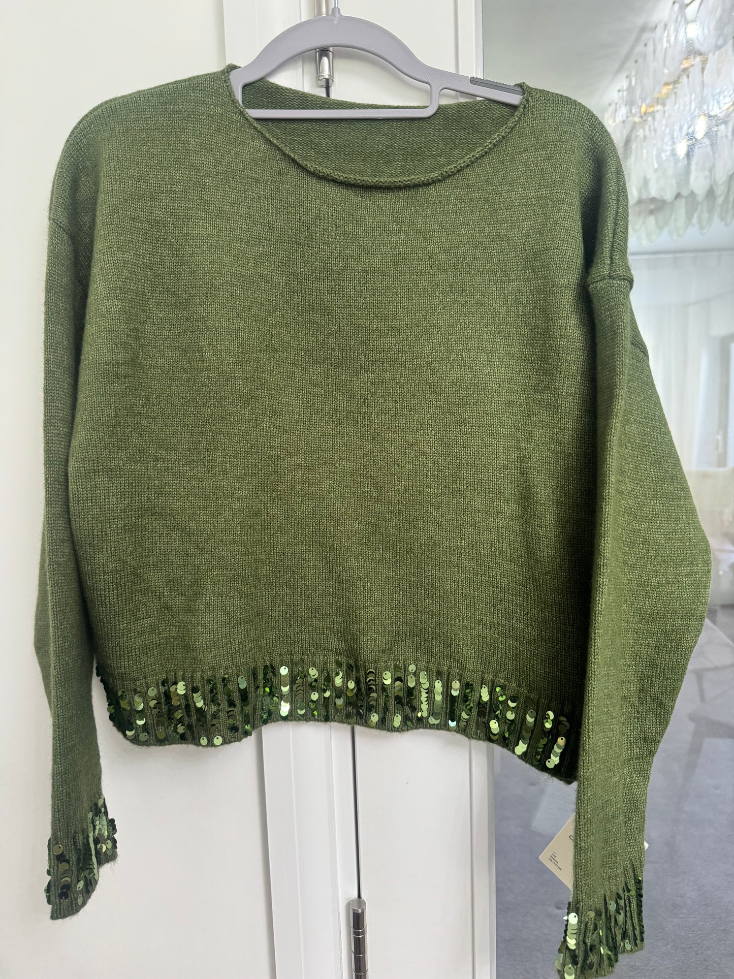 Olive Green Sequin Trim Knitted Jumper