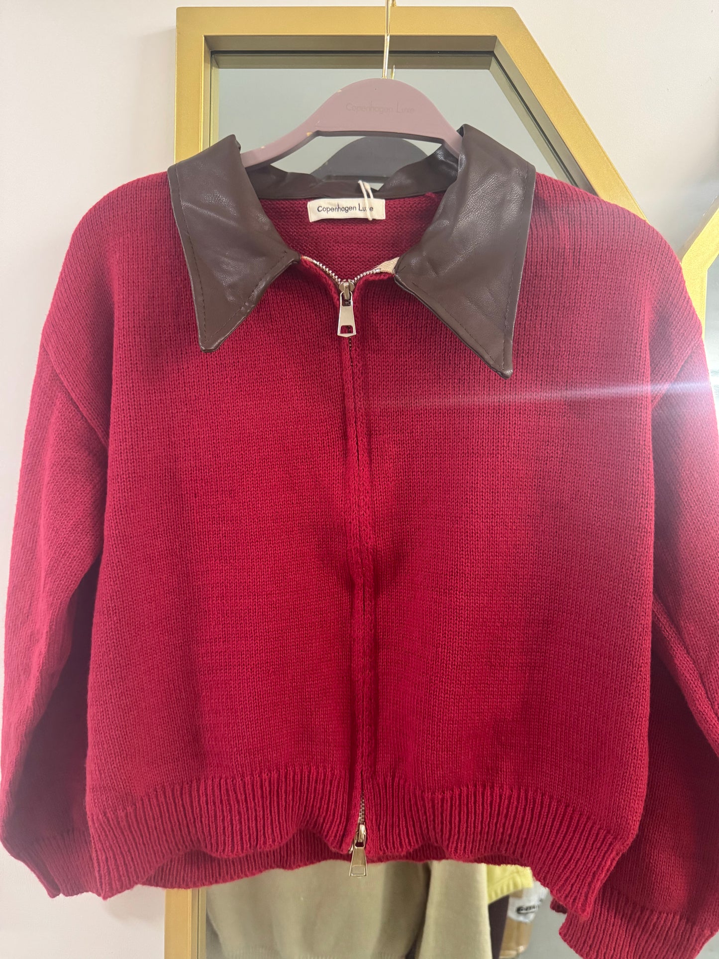 Knitted Zip-Up Cardigan with Faux Leather Collar