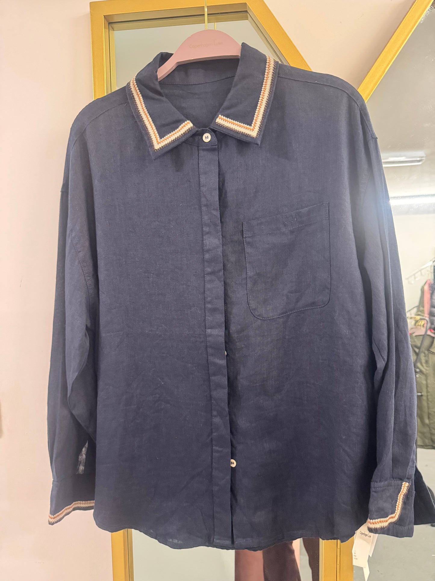 Linen Shirt with Embroidered Collar