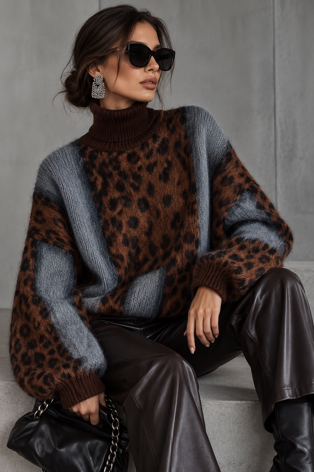 Oversized Leopard Print Colour Block Jumper