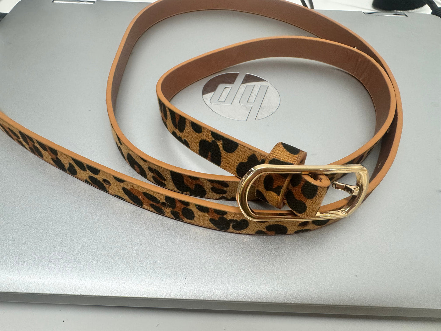 Leopard Print Skinny Belt with Gold Buckle