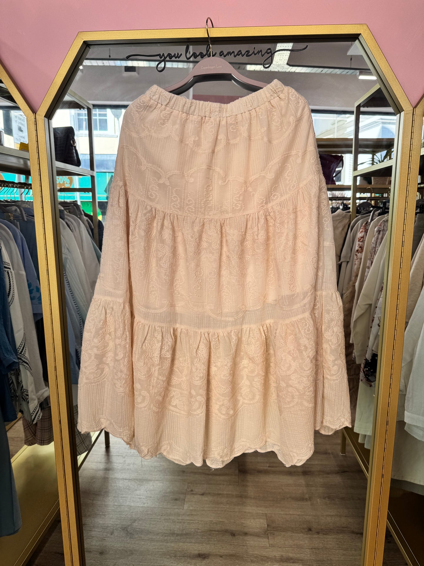 Cotton Embroidered Tiered Skirt (Blush Beige)