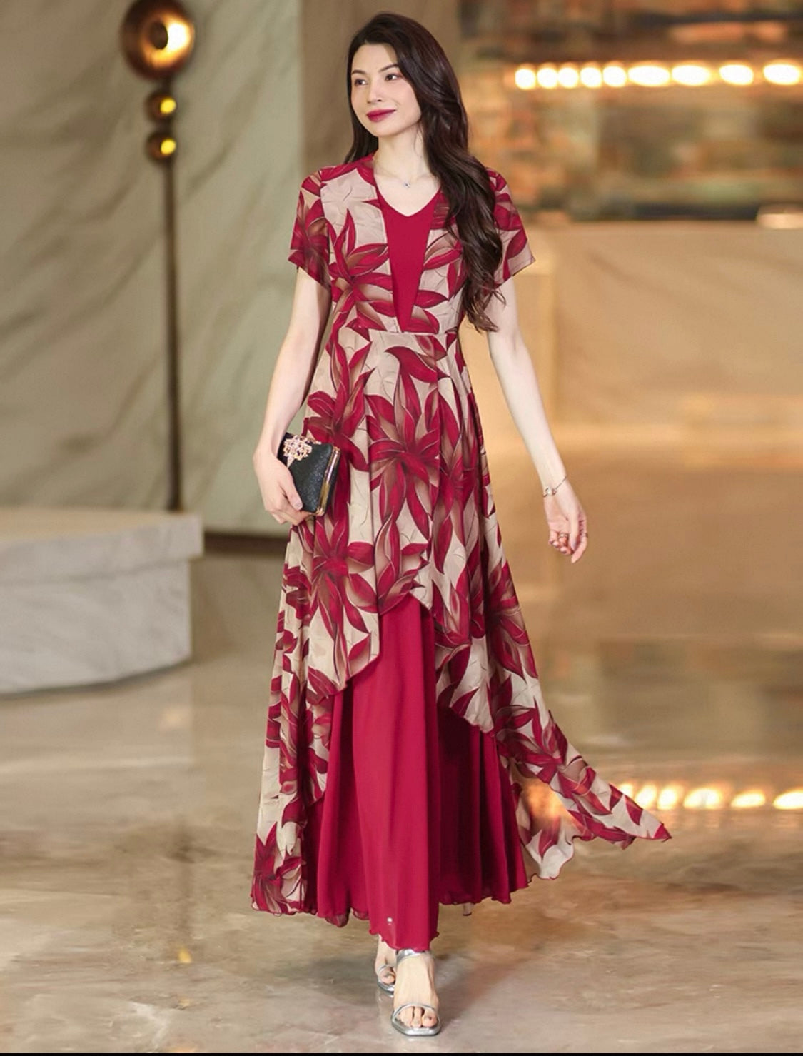 Layered Red Floral Dress