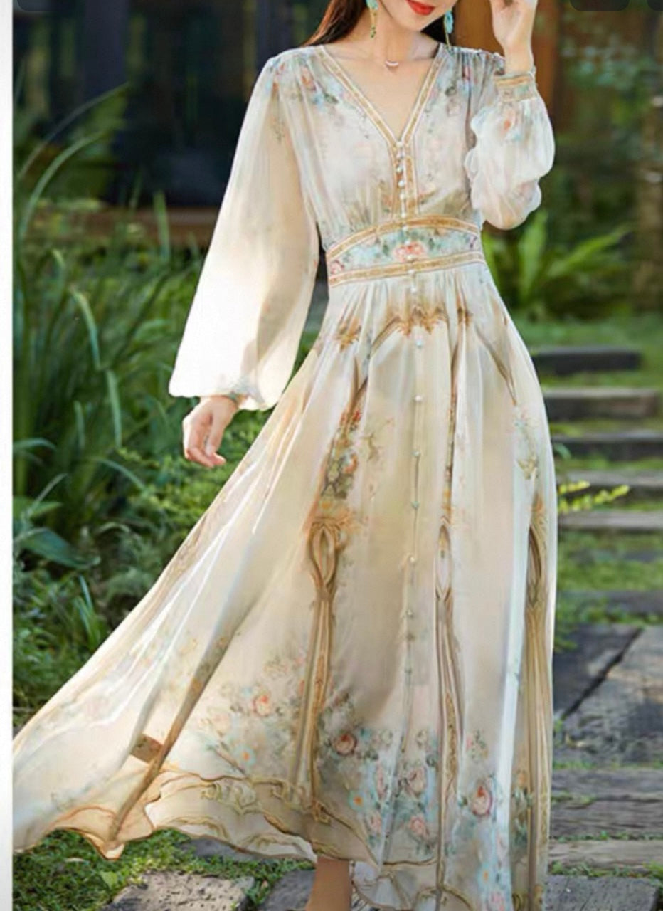 Romantic Printed Chiffon Maxi Dress