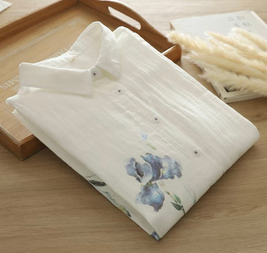 White Shirt with Blue Iris Print
