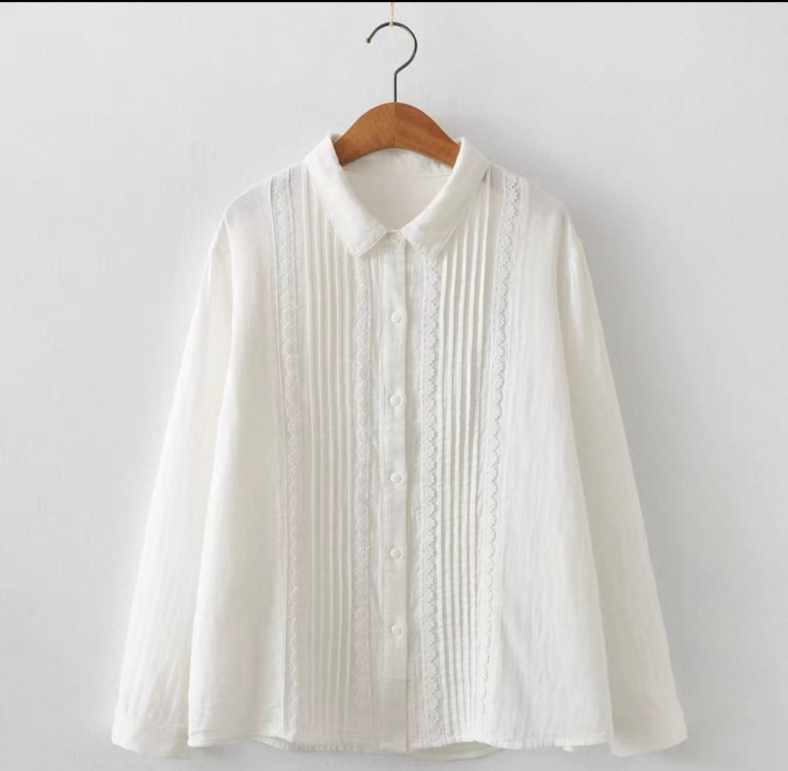 White Pintuck Blouse with Lace Trim