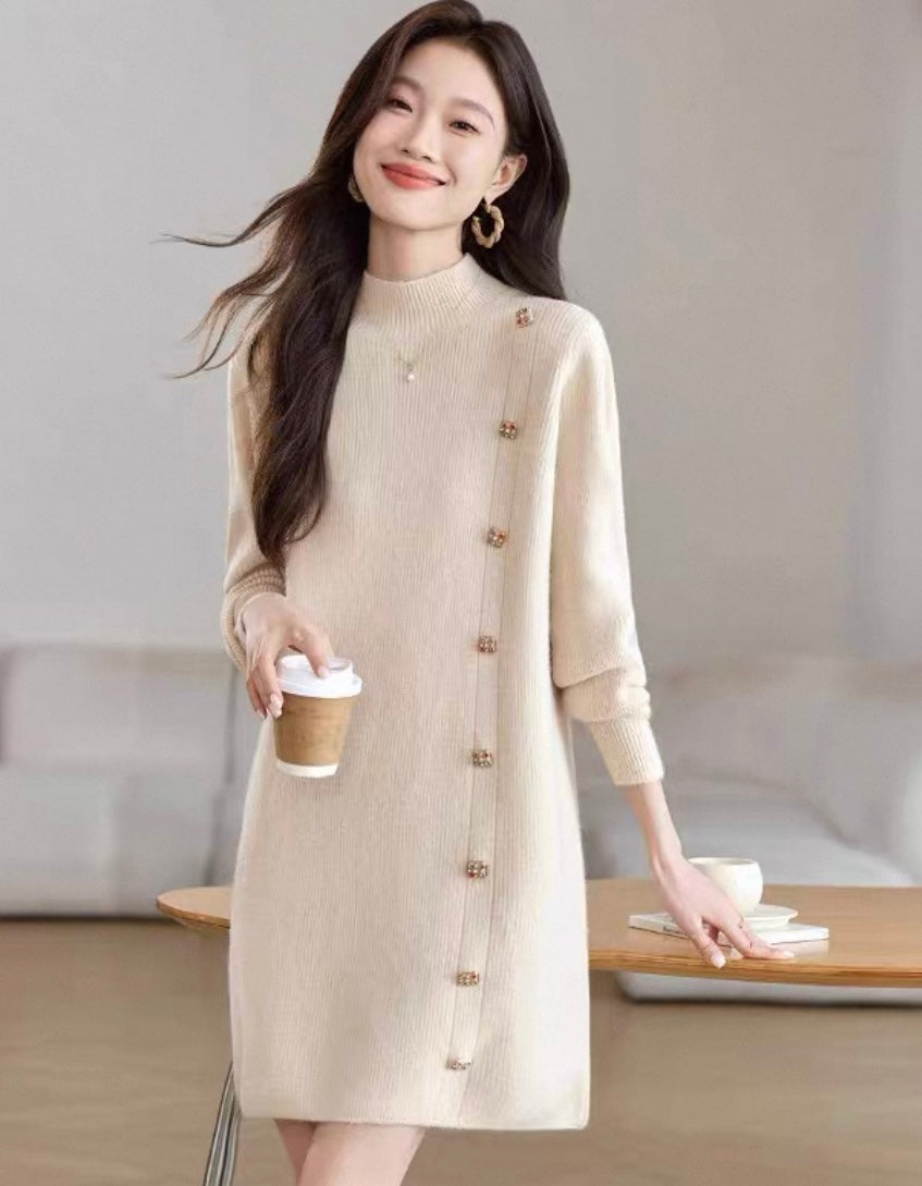 Beige Knit Dress with Side Buttons