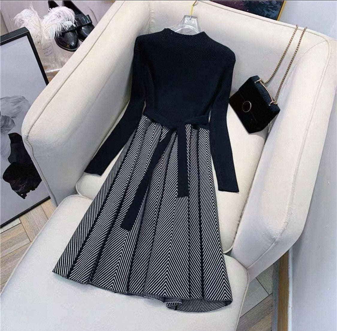 Knit Dress with Bow Waist & Chevron Skirt