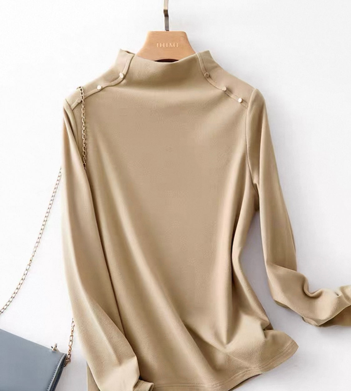 Camel High-Neck Top with Button Detail