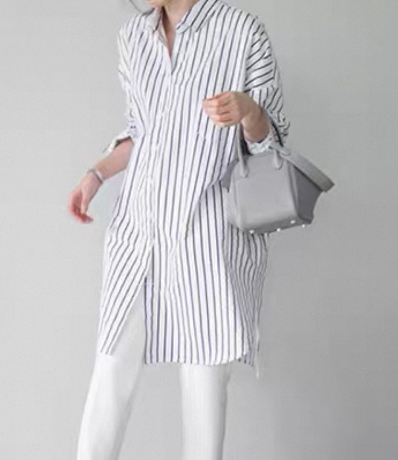White & Blue Striped Long Shirt