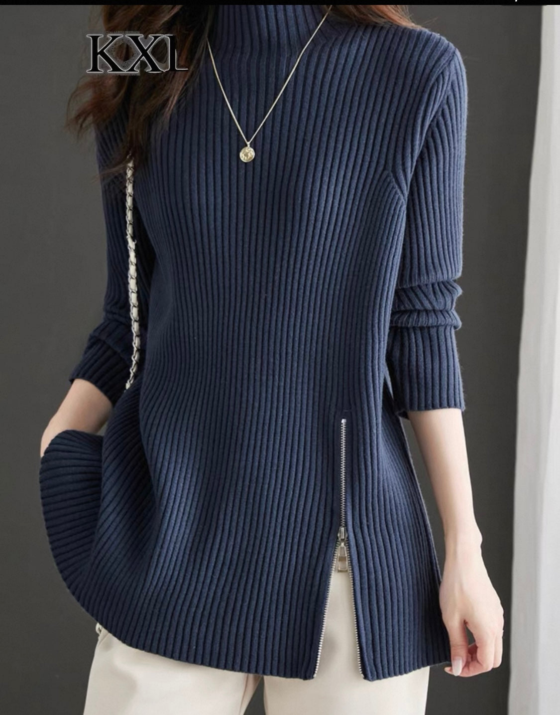 Navy Ribbed Tunic Jumper with Side Zip