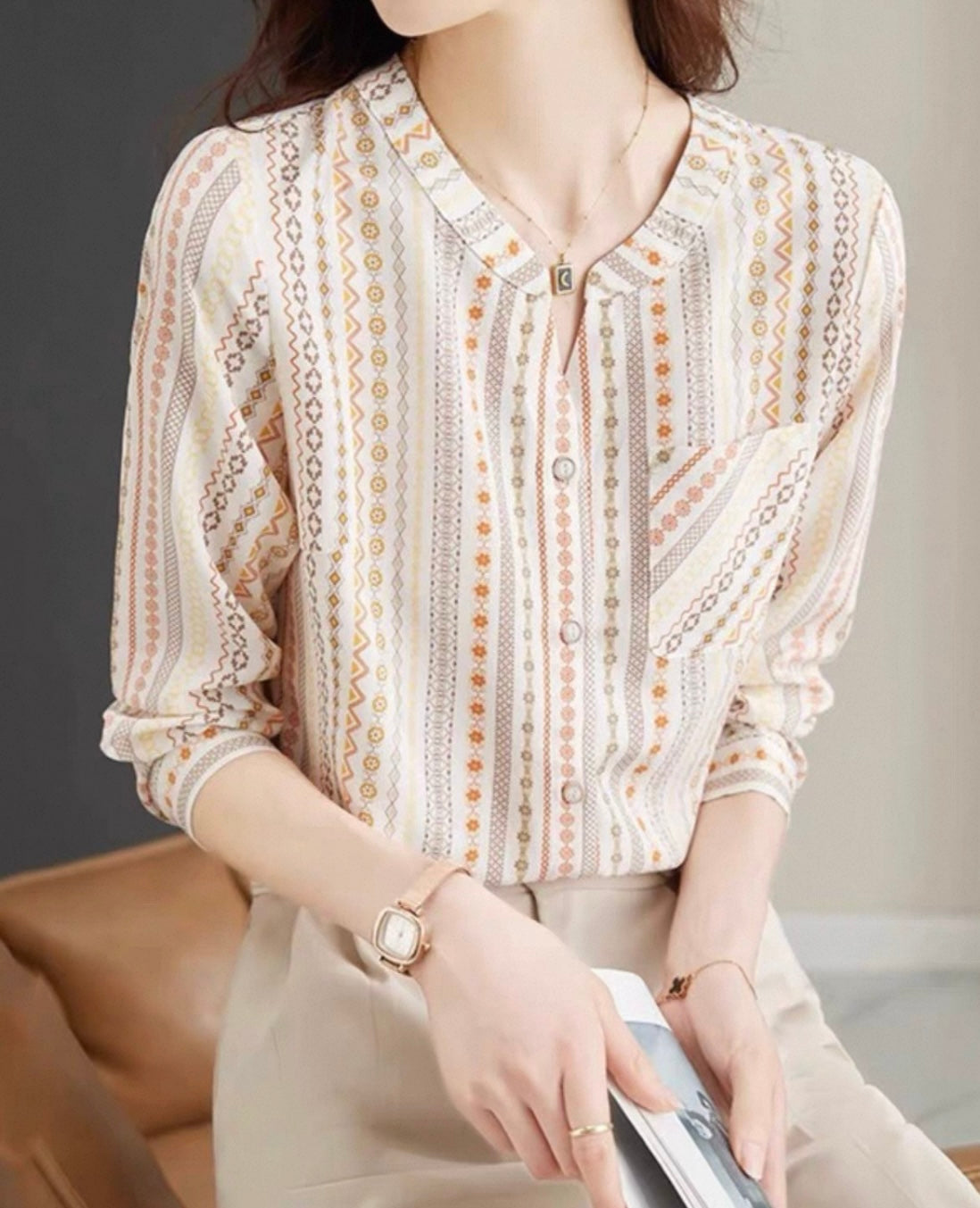 Boho Print Button-Front Blouse