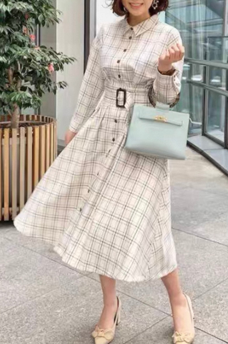 Belted Check Midi Dress – Beige Check