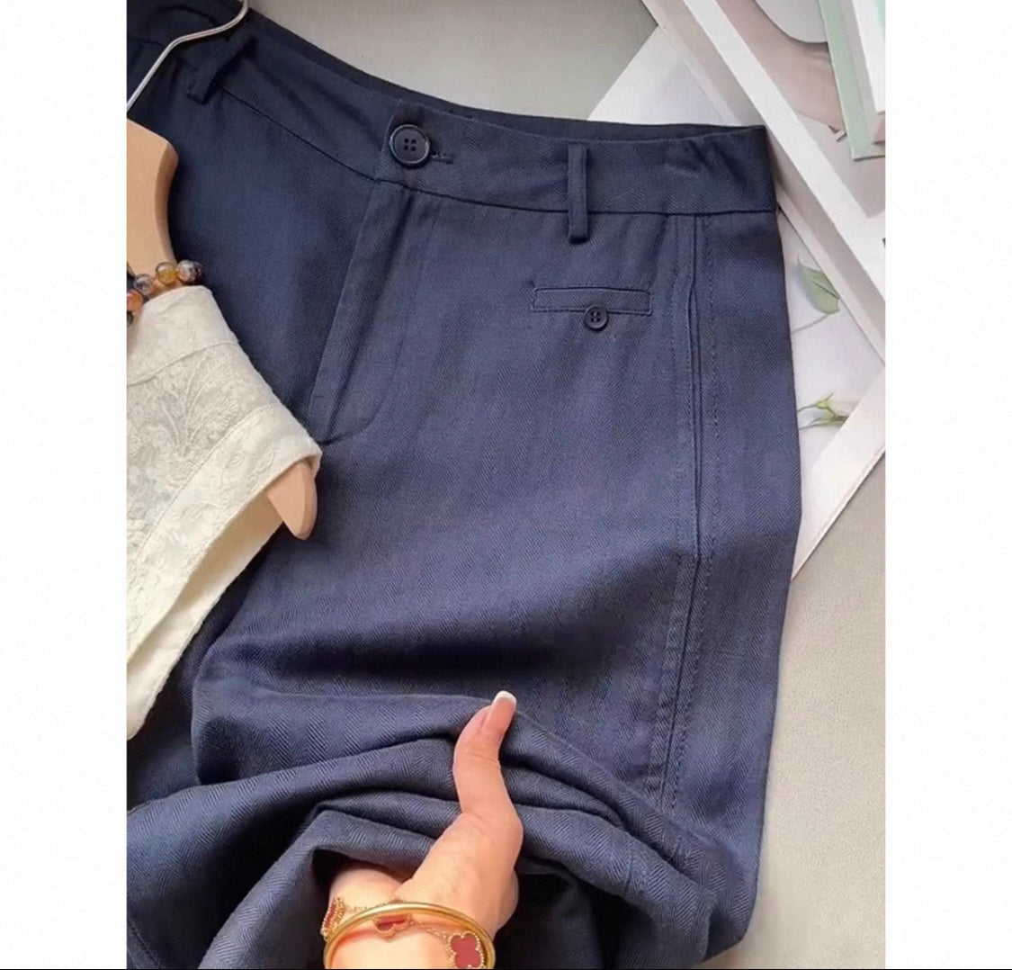 Navy Linen Blend Trousers
