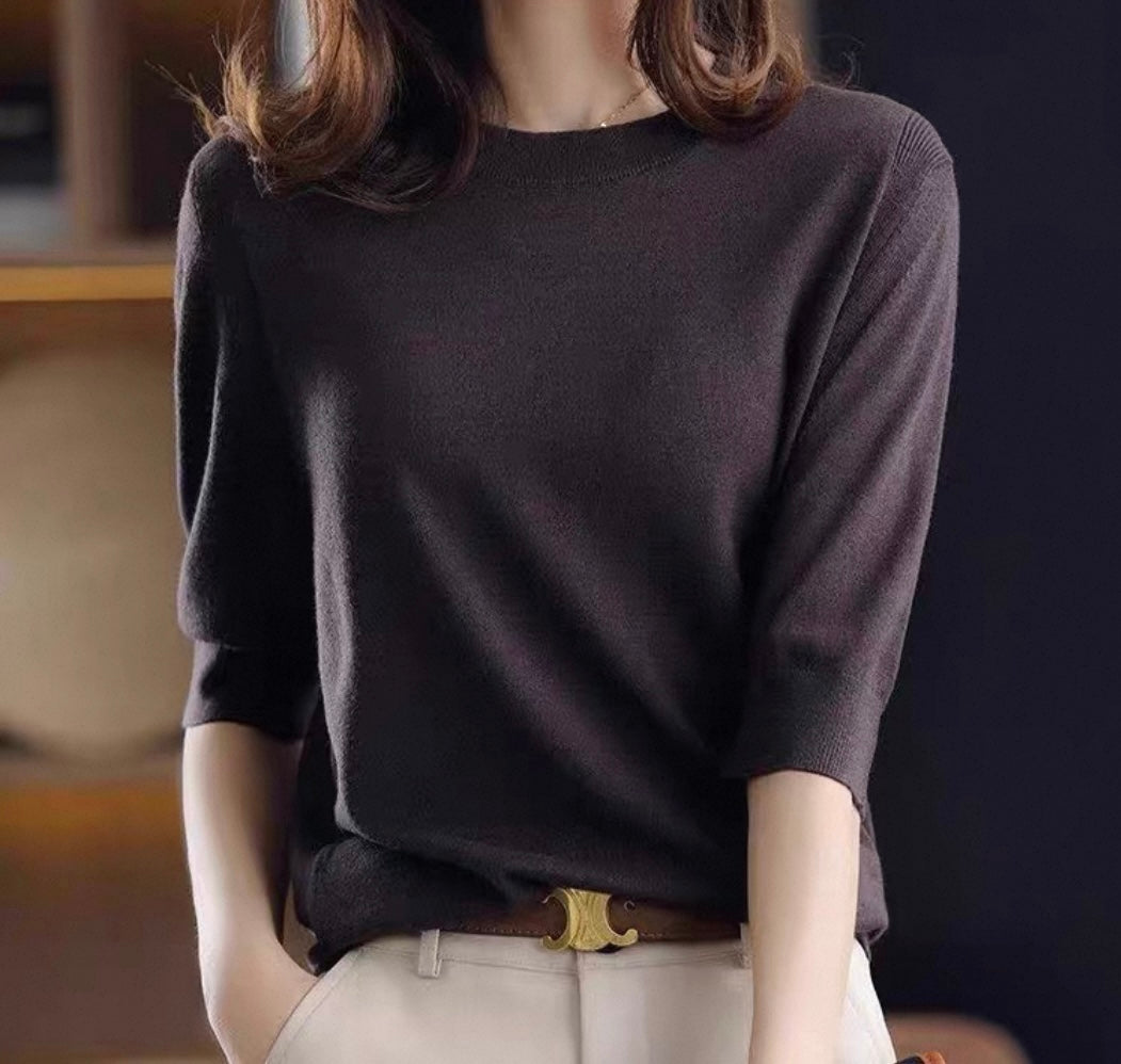 Brown Short-Sleeve Knit Top