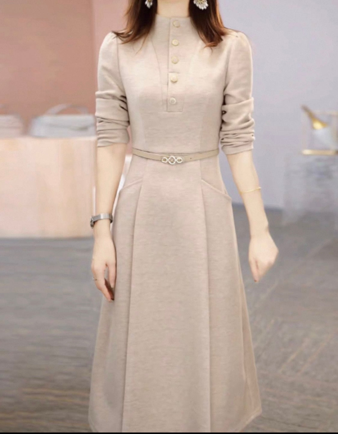 Elegant Beige Midi Dress with Belt
