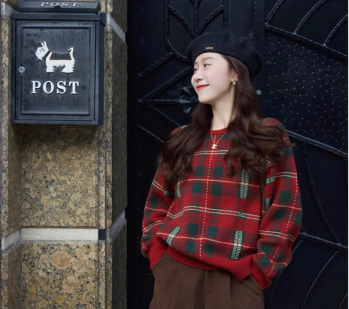 Red Tartan Check Knit Jumper