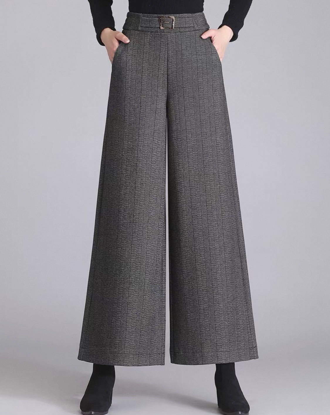 Wide-Leg Stripe Culottes – Grey Mix