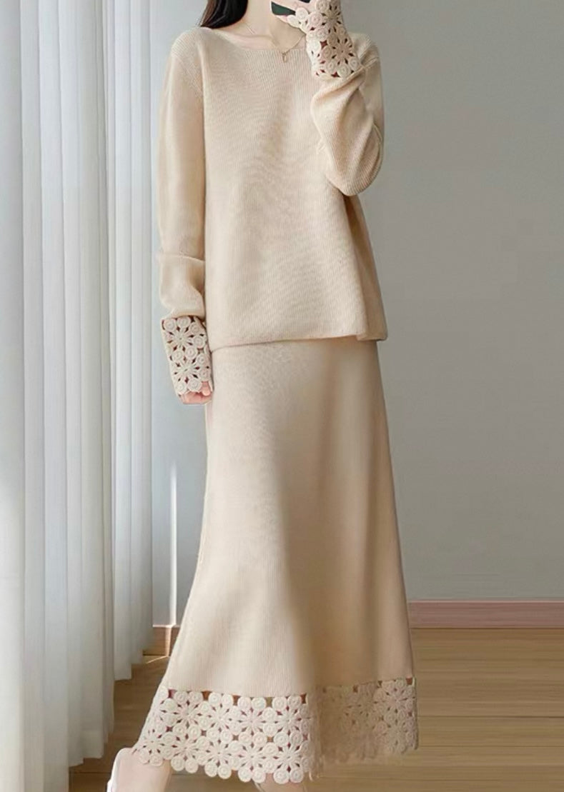 Cashmere Knit Set with Crochet Detail – Cream