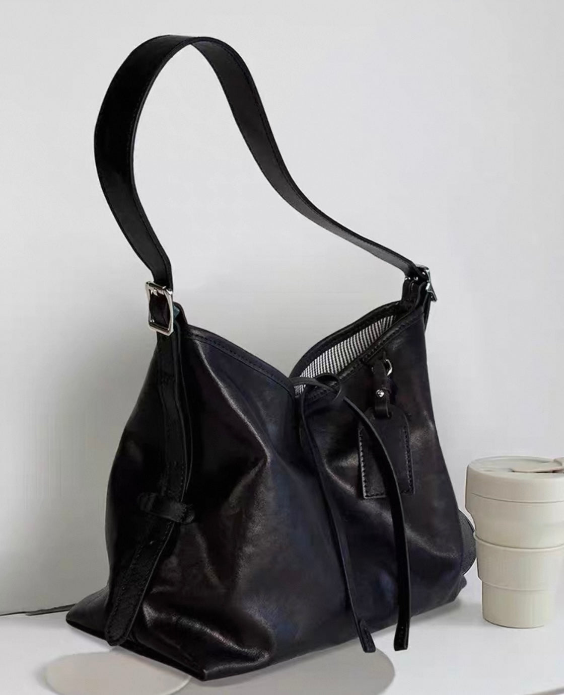 Soft Leather Shoulder Bag – Black
