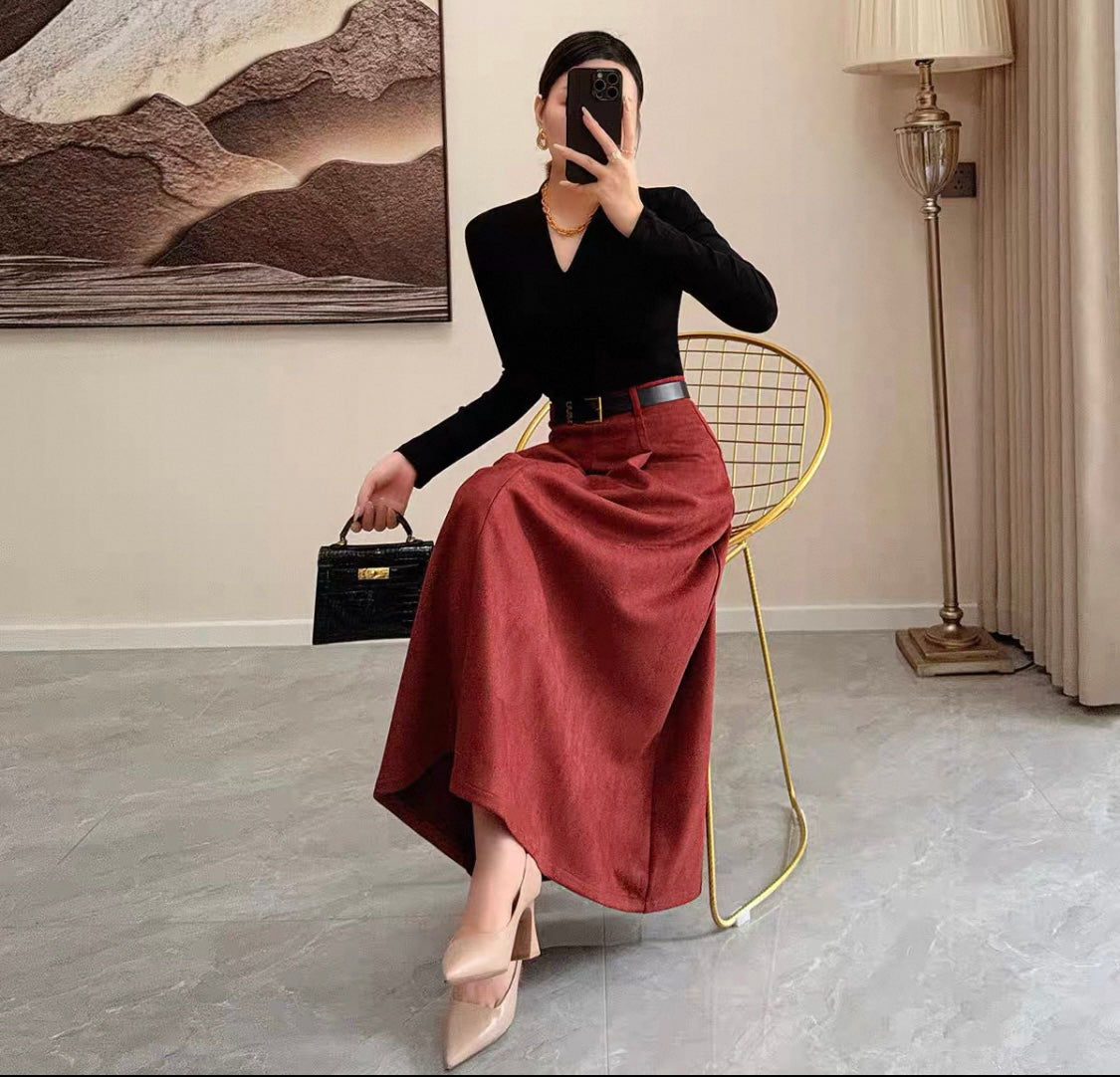 Rust Red Autumn Set – Elegant Knit Top & Wool Maxi Skirt