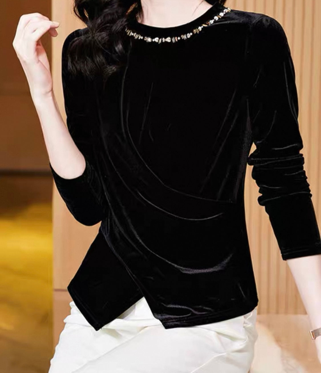 Velvet Top with Gem Collar – Black