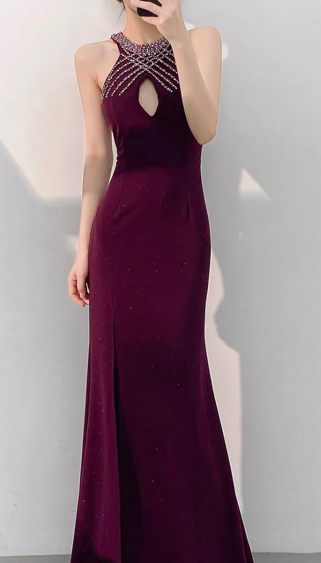 Beaded Halter Gown – Deep Burgundy