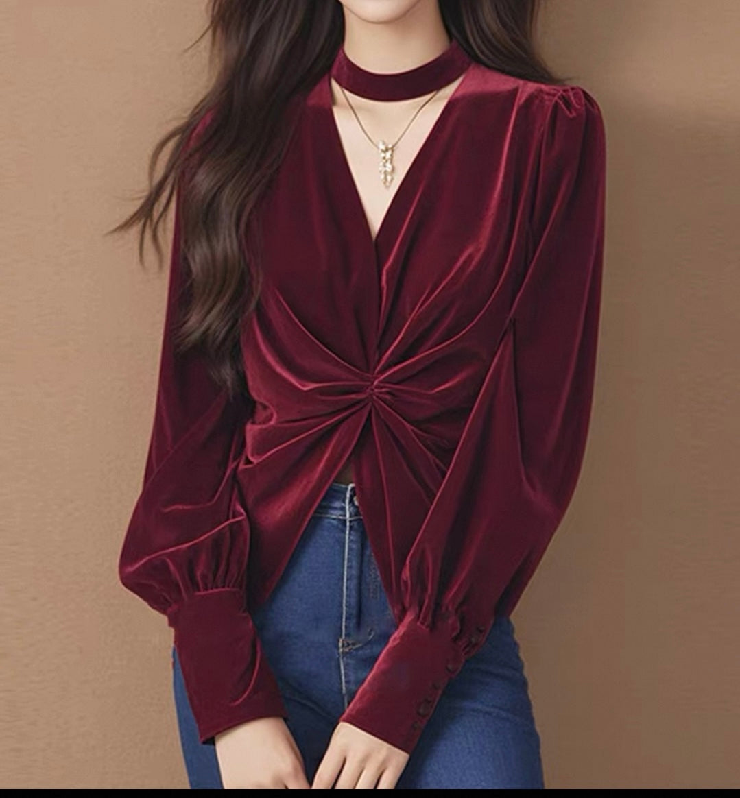 Velvet Blouse with Choker Neck – Wine Red