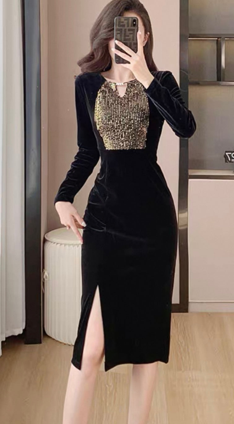 Velvet Bodycon Dress with Gold Detail – Black