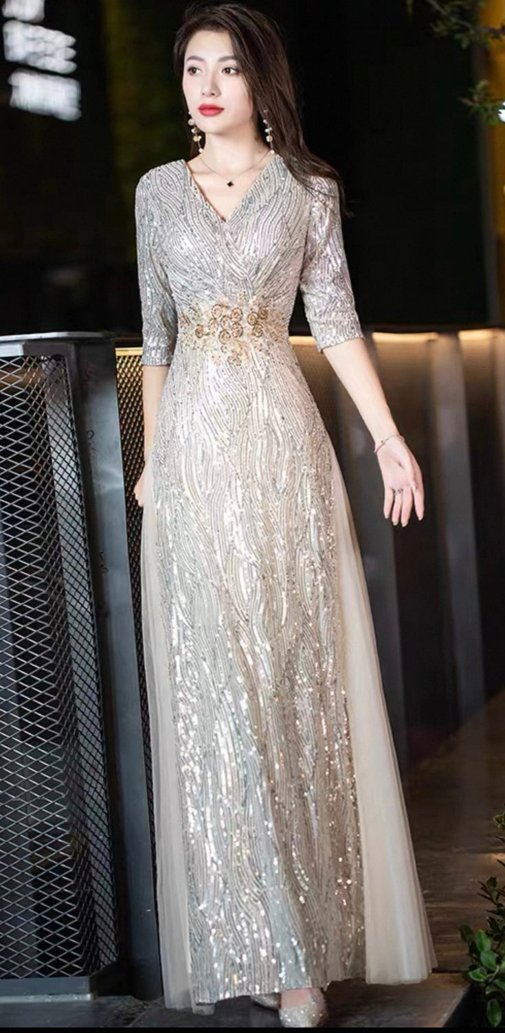 Sequin Gown with Embroidered Waist – Champagne Gold
