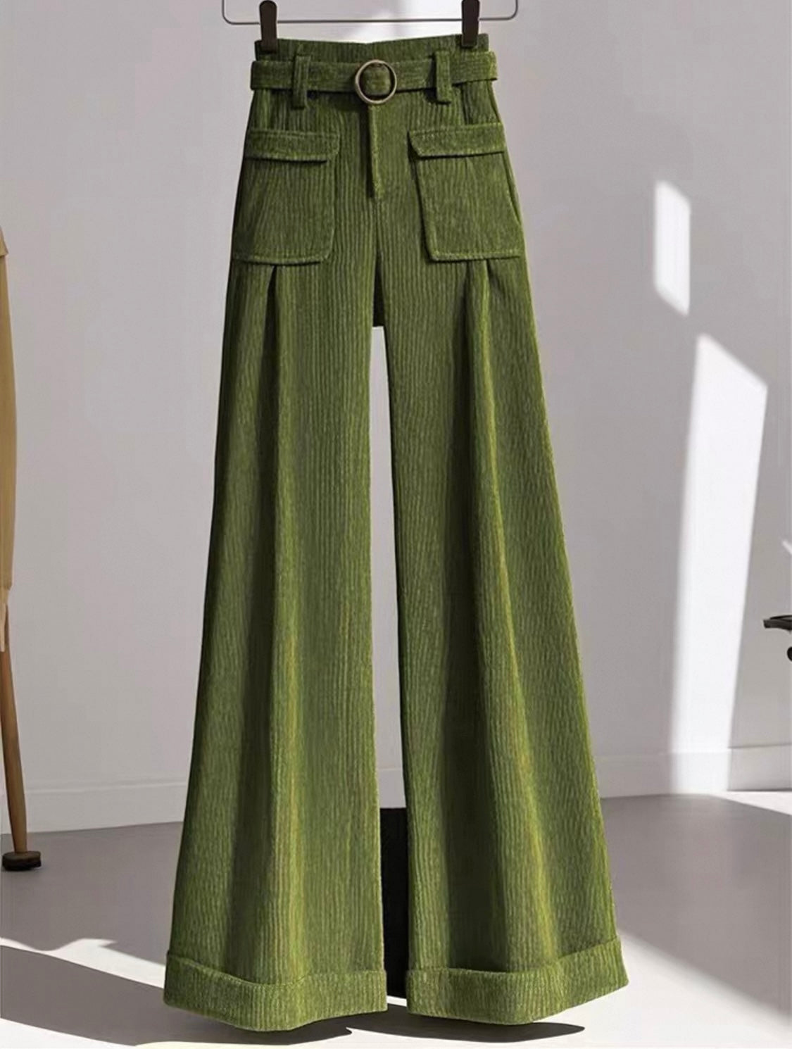 Corduroy Wide-Leg Trousers – Olive Green