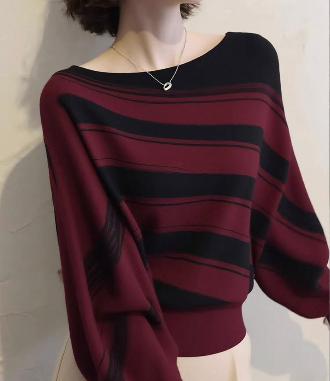 Wine & Black Striped Knit Top