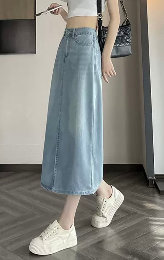 Denim Midi Skirt – High Waist A-Line